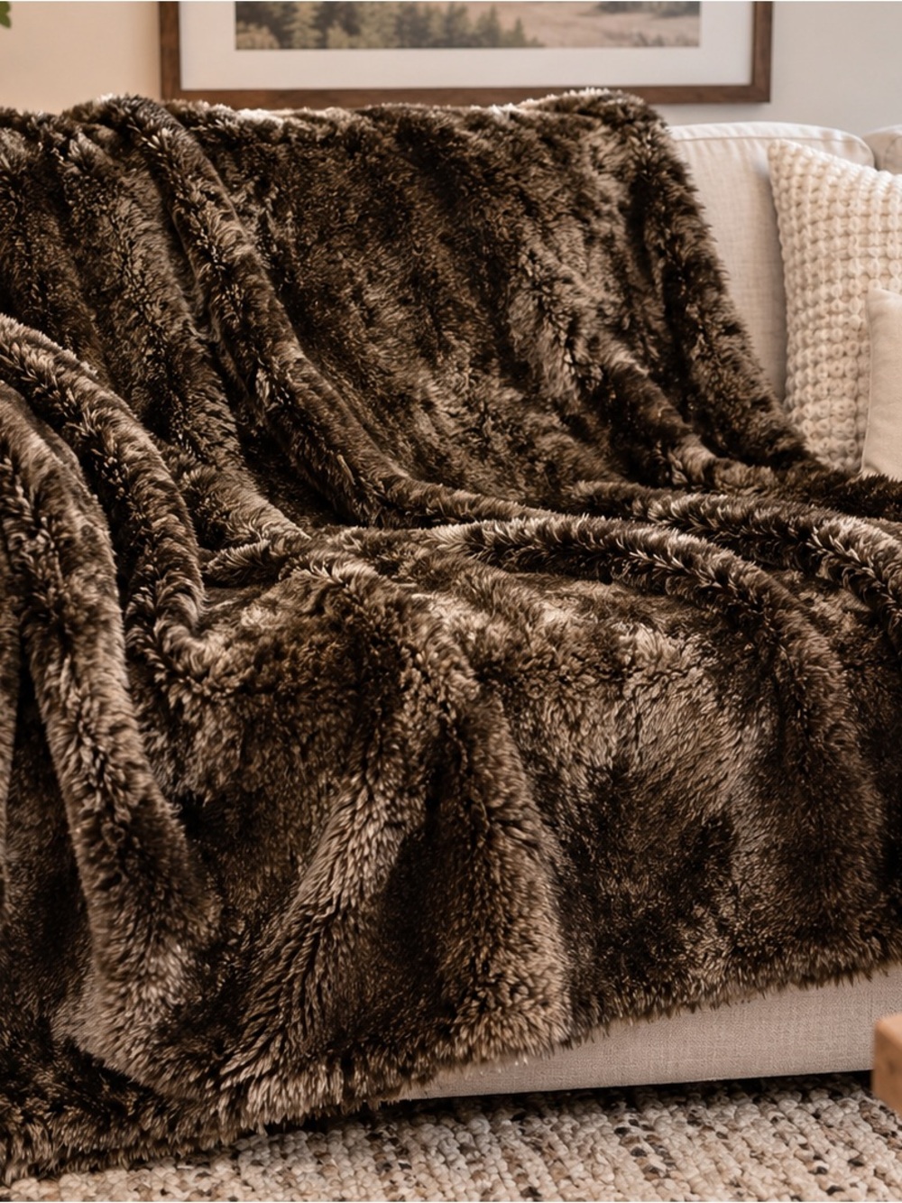 Restoration Hardware Luxe Faux Fur Throw in Rich Brown